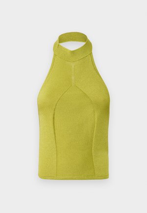 Top halter in maglia di un vivace verde lime, con colletto alto, design senza cuciture e texture a coste, adatto per l'abbigliamento sportivo.