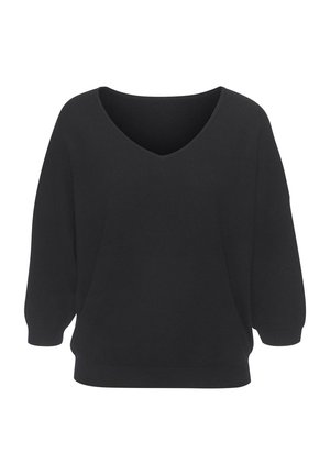 Black knit sweater with V-neck and three-quarter length puffed sleeves, featuring ribbed cuffs and hem.