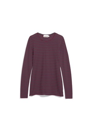 Langärmliges Oberteil in Dunkelburgunder mit dünnen grauen horizontalen Streifen. Weicher Stoff mit Rundhalsausschnitt und einem lässigen Schnitt.