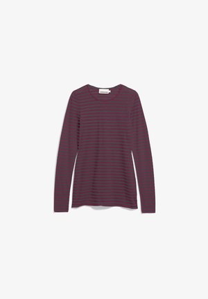 T-shirt à manches longues en bordeaux foncé avec de fines rayures horizontales grises. Tissu doux avec un col rond et un design ajusté décontracté.