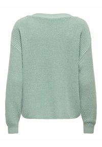 Pull en tricot vert clair à manches longues, avec poignets et ourlet côtelés, présenté de dos sur un fond blanc.