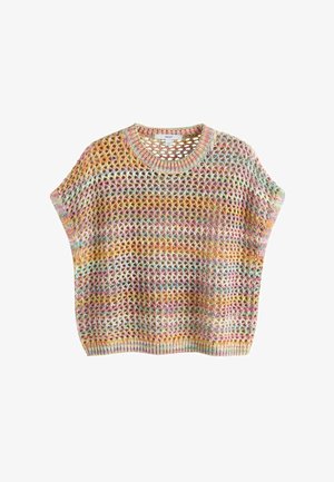 Pulover cu mâneci scurte, tricotat des în mai multe culori, cu guler rotund și tiv cu refile, având o textură lejeră și aerisită.