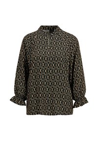 Schwarze Bluse mit einem kreisförmigen Muster in Gold. Sie hat einen Stehkragen, eine Knopfleiste und ausgestellte Ärmel mit Rüschendetails.