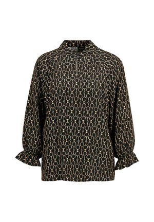 Schwarze Bluse mit einem kreisförmigen Muster in Gold. Sie hat einen Stehkragen, eine Knopfleiste und ausgestellte Ärmel mit Rüschendetails.