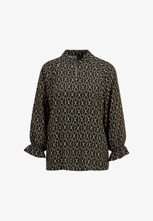 Schwarze Bluse mit einem kreisförmigen Muster in Gold. Sie hat einen Stehkragen, eine Knopfleiste und ausgestellte Ärmel mit Rüschendetails.