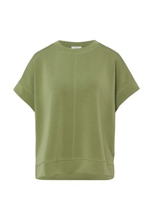Olive green short-sleeve loose-fit top with a crew neck and center front seam detail.