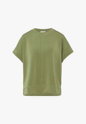 Oliwkowo-zielona, luźna bluzka z krótkim rękawem, z okrągłym dekoltem i przeszyciem pośrodku z przodu.