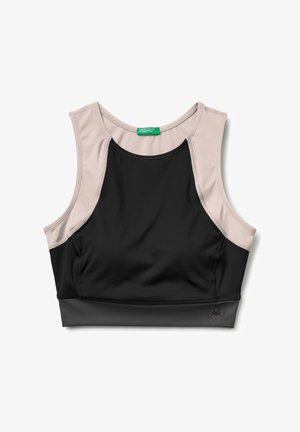 Černá a světle béžová sportovní podprsenka s kulatým výstřihem, designem na zádech ve stylu závodníka a hladkou texturou; obsahuje logo blízko lemu.