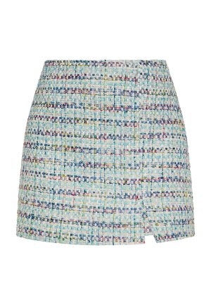 Tweed mini suknja u plavoj boji s raznobojnim tkanim uzorcima. Ima blag prorez sprijeda i teksturiranu završnicu.