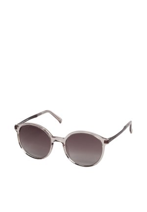 Runde Sonnenbrillen mit grauem Verlaufsglas, transparentem grauen Acetatrahmen, dünnen Metallbügeln und dezentem Logo-Detailing an den Scharnieren.