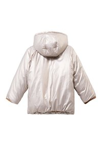 Opgeblazen, metallic lichtbeige jas met capuchon, korte mouwen, elastische zoom en contrasterende bruine accenten bij de manchetten. Gladde textuur.