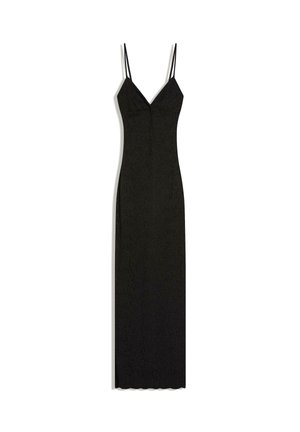 Long black lace dress with thin double shoulder straps and a fitted silhouette, featuring a V-neckline and scalloped hem.