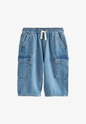 Shorts cargo in denim azzurro chiaro, con una vita elastica e coulisse, due tasche anteriori e due tasche laterali cargo.