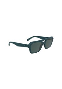 Grüne Kunststoffsonnenbrille mit geometrischer, achteckiger Form, dunklen Gläsern und einem dezenten Logo an der Seite, ausgestattet mit dicken, kantigen Rahmen.