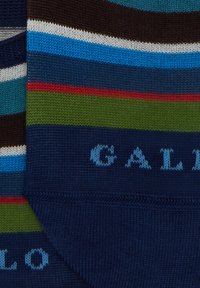 Calze multicolori a strisce presentano strisce blu, verdi, rosse e marroni, con una texture lavorata a maglia e il logo "Gallo" in azzurro chiaro.