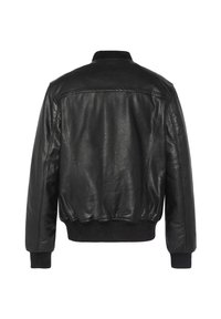 Veste en cuir noir avec une coupe ajustée, des poignets et une taille côtelés, et une texture lisse ; présente un dos de style bombardier classique.