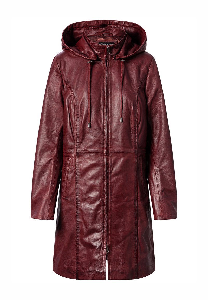 Burgunderfarbene Lederparka mit Reißverschluss, Kordelzugkapuze und Seitentaschen. Verfügt über eine glatte Textur und eine taillierte Silhouette.