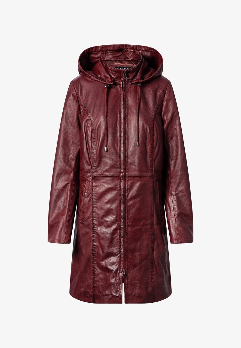 Burgunderfarbene Lederparka mit Reißverschluss, Kordelzugkapuze und Seitentaschen. Verfügt über eine glatte Textur und eine taillierte Silhouette.