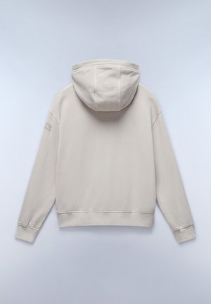 Lichtbeige hoodie met een trekkoordcapuchon, ribbelmanchetten en zoom. Zachte stof met een gladde textuur en een klein logopatch op de mouw.
