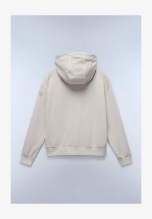 Light beige hoodie with a drawstring hood, ribbed cuffs, and hem. Soft fabric with a smooth texture and a small logo patch on the sleeve.