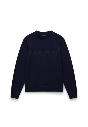 Navy blue knitted sweater featuring a crew neck, long sleeves, and embossed "NAPAPIJRI" logo on the front. Ribbed hem and cuffs.