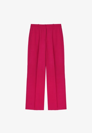 Fuchsia wide-leg trousers, featuring a flat front, two side pockets, and a clean waistband with belt loops for adjustable fit.