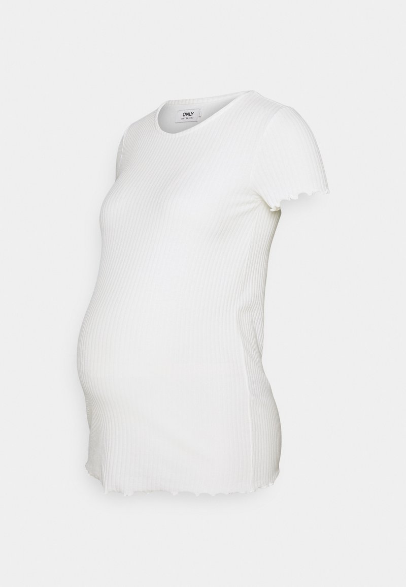 T-shirt de maternité blanc côtelé à manches courtes, col rond et bords festonnés aux manches et à l'ourlet, présenté sur un fond gris.