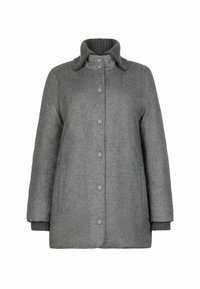 Grå ullblandad kappa med knappstängning, kviltad krage och ribbade manschetter. Har sidofickor och en rak, avslappnad passform.