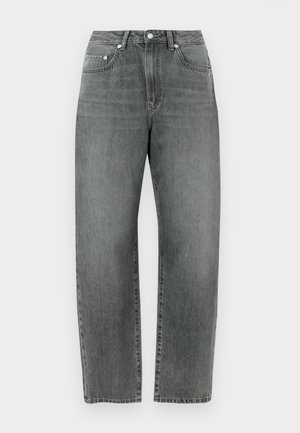 Grå denimjeans har en rett ben-kutt, klassisk fem-lomme-design og metallknappdetaljer foran.