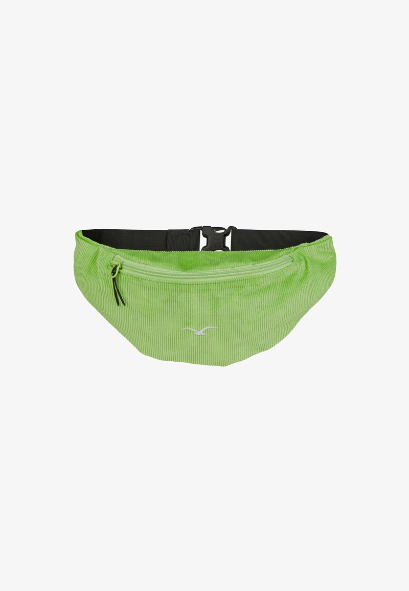 Green corduroy fanny pack with a zippered front pocket, black adjustable strap, and white logo detail on the front.