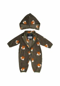 Brun fleece-jumpsuit med ett heltäckande mönster av rävar i orange och vitt, med huva och tryckknappar fram.