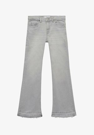 Jeans flared de culoare gri deschis, cu un tiv ușor uzat, fabricate din denim, având cinci buzunare și închidere cu buton.