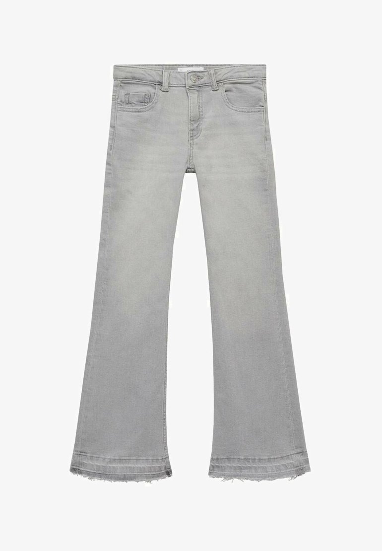 Vaaleanharmaat leveälahkeiset farkut, joissa on hieman kulutettu helma, valmistettu denimistä, viidellä taskulla ja napituskiinnityksellä.