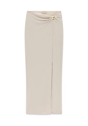Beige midi-rok met een split aan de voorkant, gedetailleerd met een gedraaide detail in de taille, bevestigd met een kleine goudkleurige metalen accent.