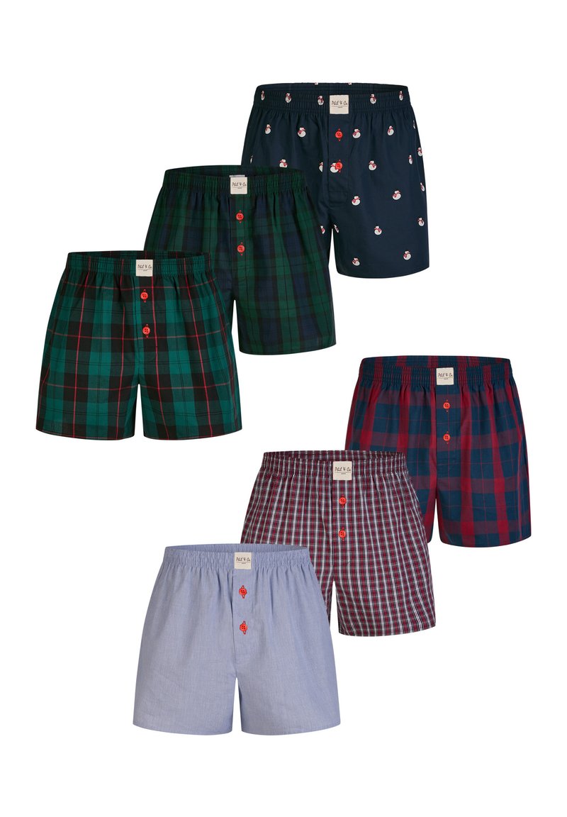 Set di sei paia di boxer da uomo: vari colori e motivi, tra cui tartan e stampe, con fasce elastiche e dettagli con bottoni.