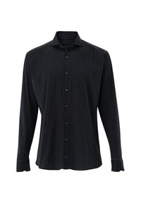 Schwarzes Langarmshirt mit vertikalen weißen Streifen, durchgehender Knopfleiste und spitzem Kragen. Aus glattem Stoff mit klassischem Schnitt gefertigt.