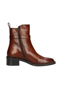 Braune Leder-Stiefelette mit seitlichem Reißverschluss, abgerundetem Zehenbereich und niedrigem, gestapeltem Absatz. Besitzt genähte Akzente und eine Schlaufe für einfaches Anziehen.