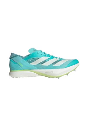 Lightweight turquoise running shoe with white stripes, mesh upper, padded collar, and green accents. Features a spiked outsole for traction.