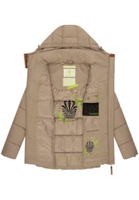 Beige padded jacket with green accents. Features a zippered front, hood, interior pockets, and printed designs on the lining.