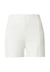 Weiße hochtaillierte Shorts mit glatter Textur, die sich durch klare Linien und keine sichtbaren Beschläge auszeichnen. Gerade Säume, maßgeschneiderter Schnitt.