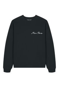 Sweat-shirt noir à manches longues avec col rond, logo script blanc « Mira Paris » sur la poitrine gauche, poignets et ourlet côtelés.
