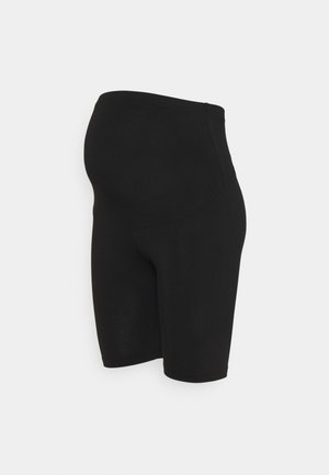 Zwarte zwangerschapsfietsbroekjes met een hoogurende taille voor extra steun. Gemaakt van rekbare stof met een soepele textuur en een lengte tot halverwege de dij.