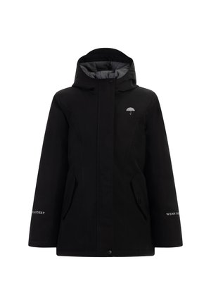 Schwarze Kapuzenjacke mit grauer Innenfütterung, Fronttaschen, kleinem Regenschirm-Logo auf der linken Brust und weißem Text auf linken und rechten Ärmeln.