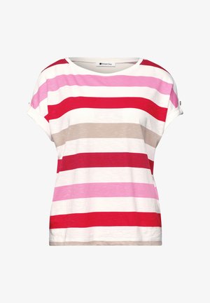 Løs kortærmet skjorte med brede, horisontale striber i rød, pink, hvid og beige, med rund halsudskæring og knaplukning på ærmerne.