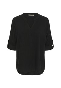 Blusa nera, di taglio morbido, con scollatura a V e maniche arrotolate. Tessuto morbido dalla superficie liscia, con una leggera lucentezza.