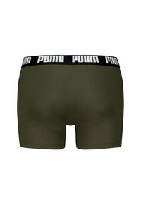 Boxer da uomo PUMA in verde oliva con vita nera decorata da testo del logo bianco. Lunghezza corta, tessuto morbido e design aderente.
