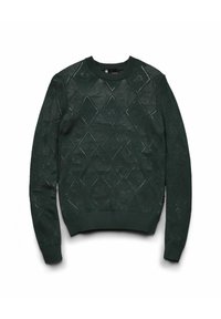 Suéter de punto verde con un patrón de diamantes y un sutil logo, puños y dobladillo acanalados. Hecho de una tela texturizada para mayor transpirabilidad.