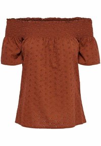 Off-the-shoulder rustbrun bluse med smocket halsudskæring, korte puffærmer og broderet blomstermønster over det hele. Letvægts bomuldsstof.