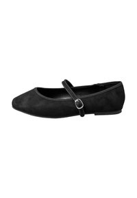 Bailarina de ante negra con punta redondeada y una única correa delgada con hebilla plateada. Suela plana, diseño minimalista.