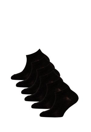 Set of six black ankle-length socks arranged in a staggered stack on a white background.